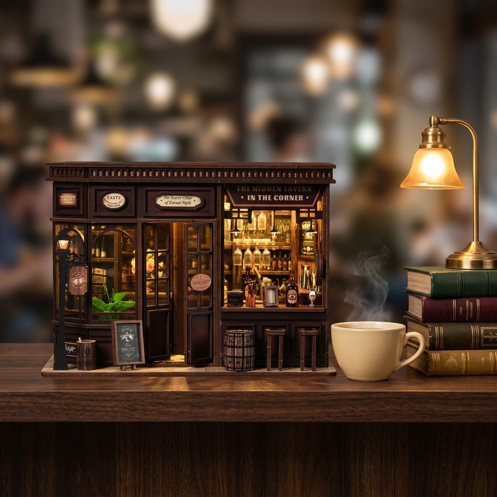 Book nook taverne d'angle éclairée sur une étagère, tasse de café Image