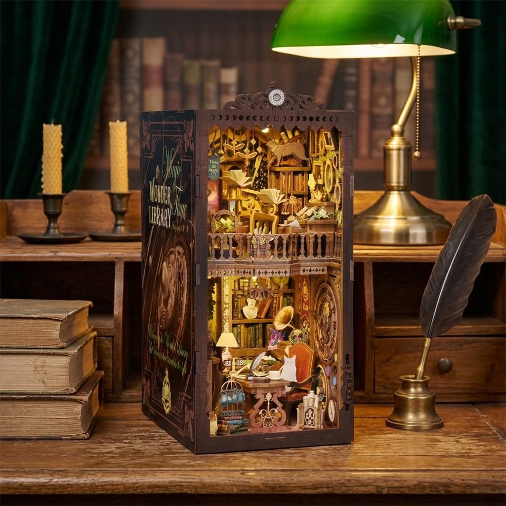 Book nook bibliothèque merveilleuse éclairée sur un bureau ancien avec bougies et plume Image