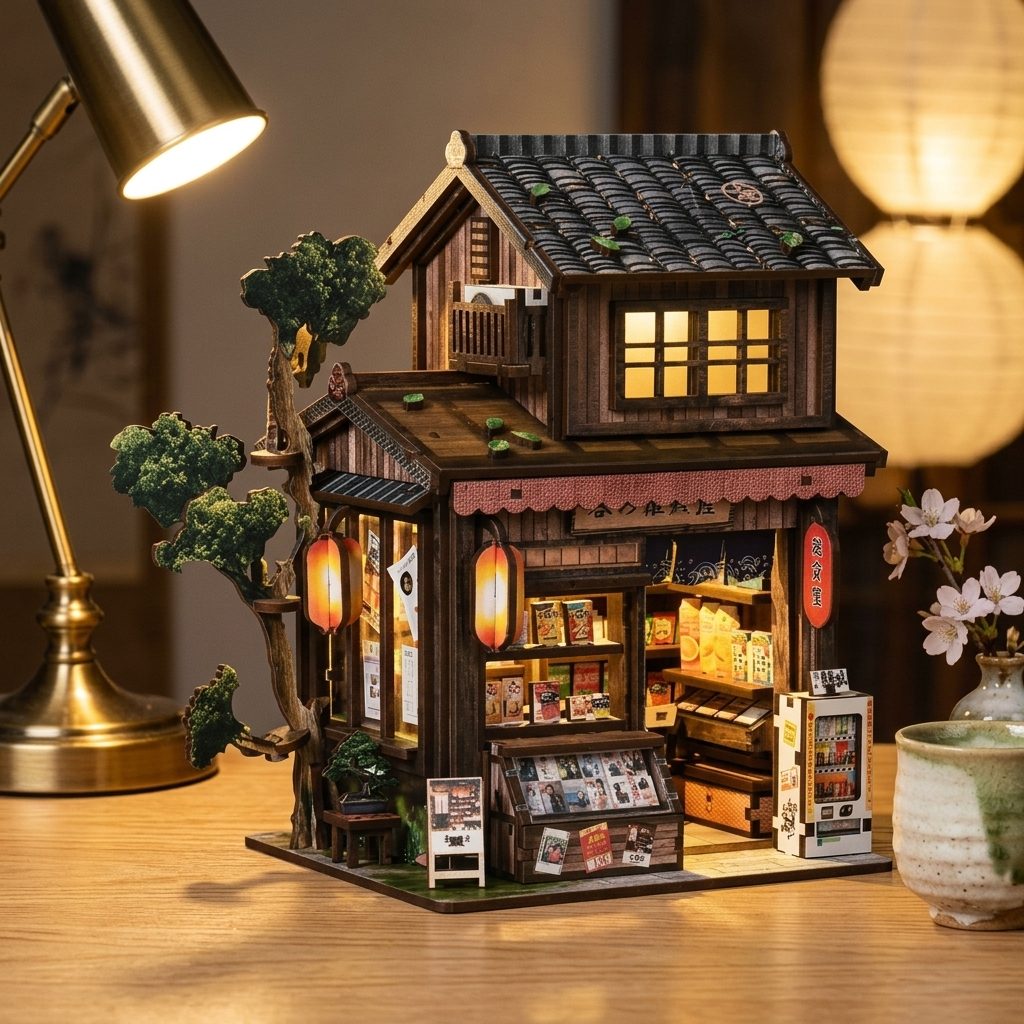 Book nook japonais épicerie en bois éclairée sur un bureau, lanternes en papier Image
