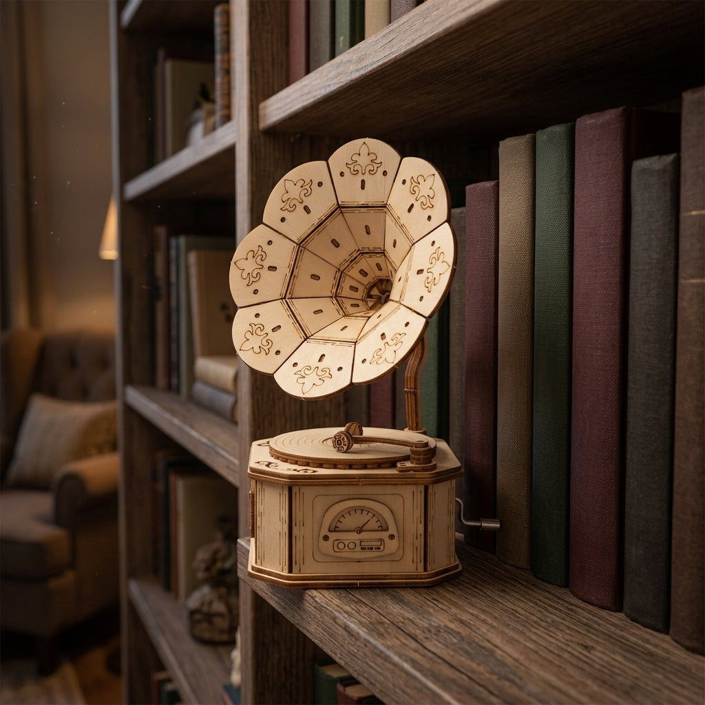 Boîte à musique gramophone en bois sur une étagère, à côté de livres reliés