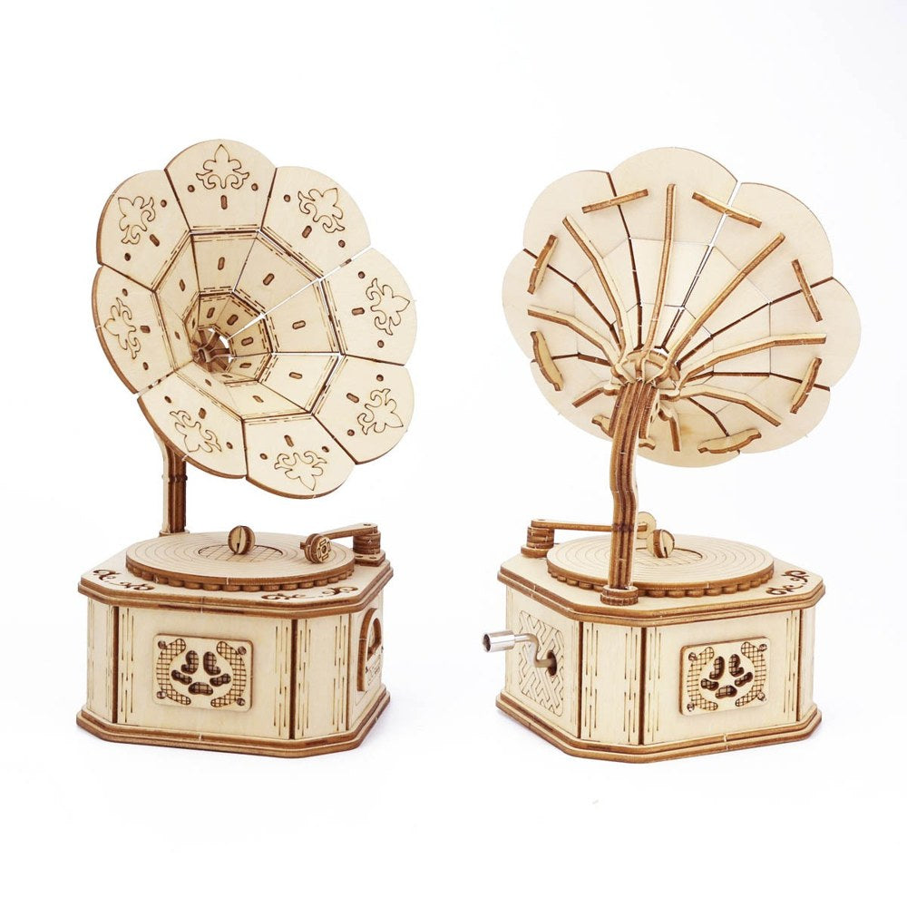 Boîte à musique gramophone en bois vue de face et de dos