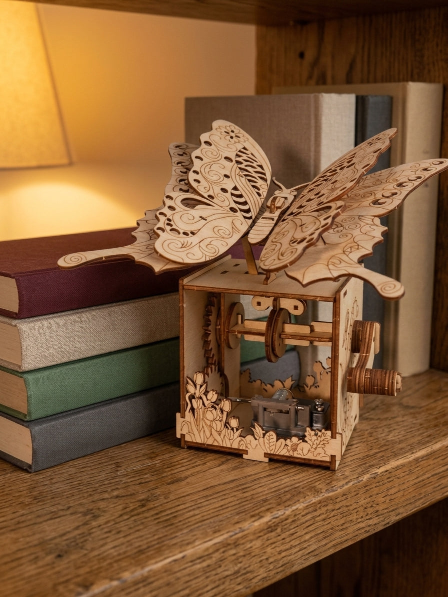 Boîte à musique papillon en bois sur une étagère, à côté d'une pile de livres