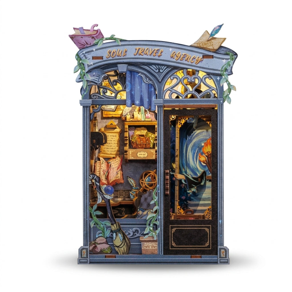 Book nook agence de voyage enchantée en bois vu de face, porte ouverte, sur fond blanc