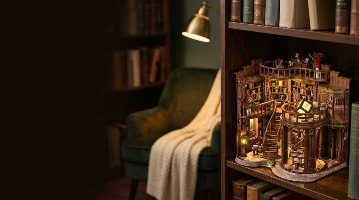 Book nook bibliothèque éclairé sur une étagère, près d’un fauteuil de lecture