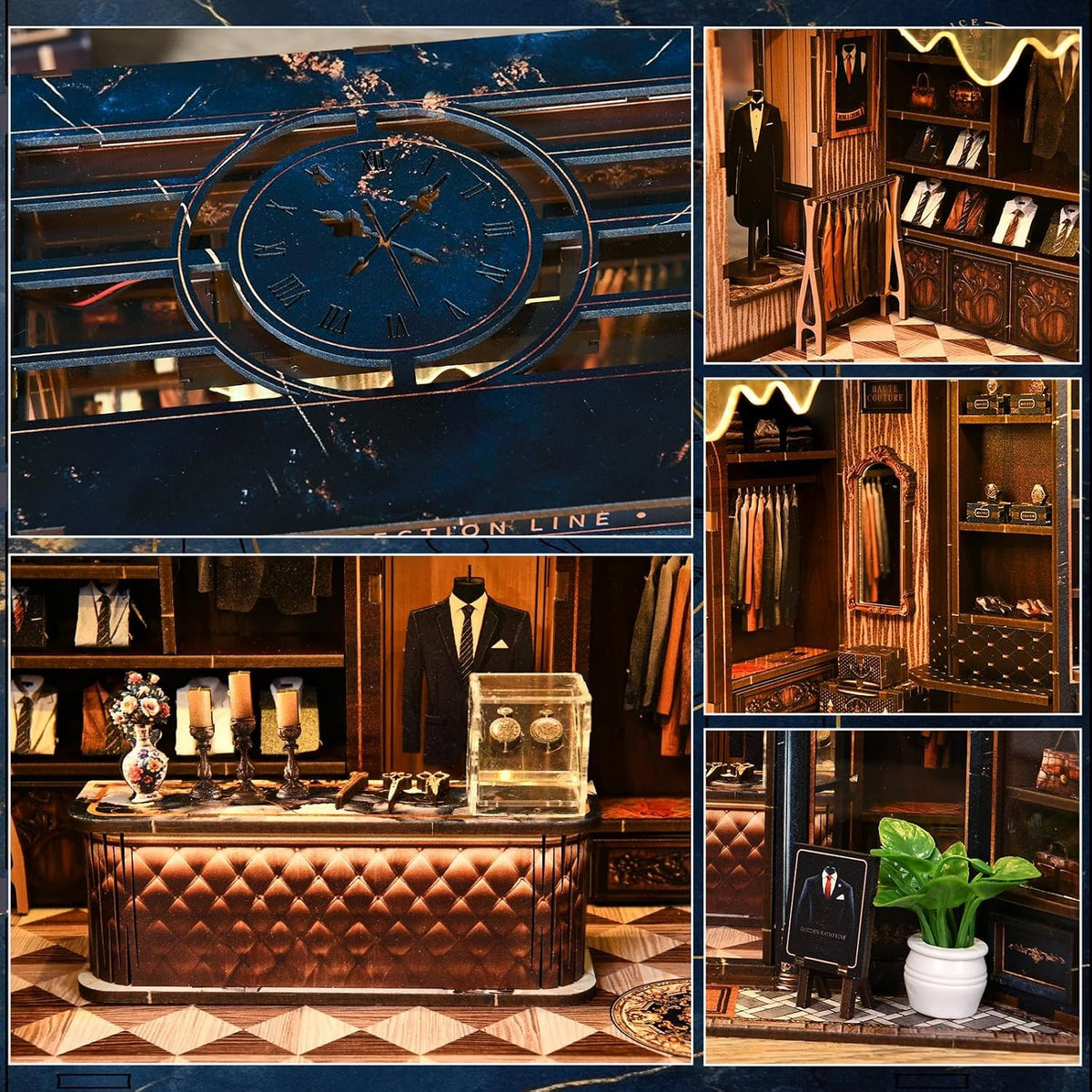 Détails du book nook boutique de tailleur : horloge, comptoir capitonné et penderie