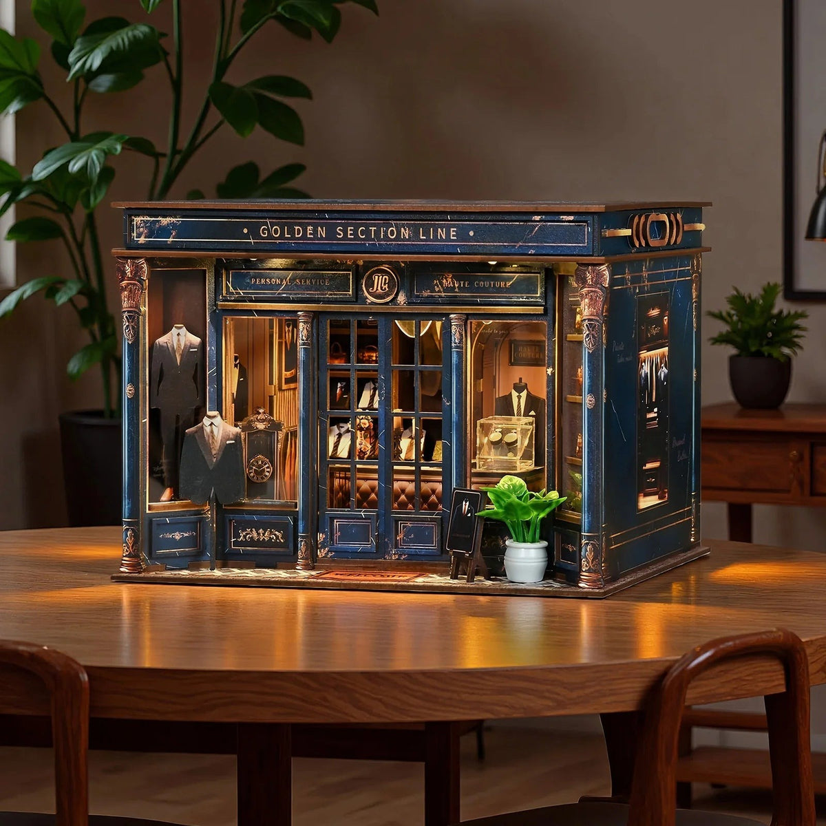 Book nook boutique de tailleur allumé le soir sur une table de salle à manger