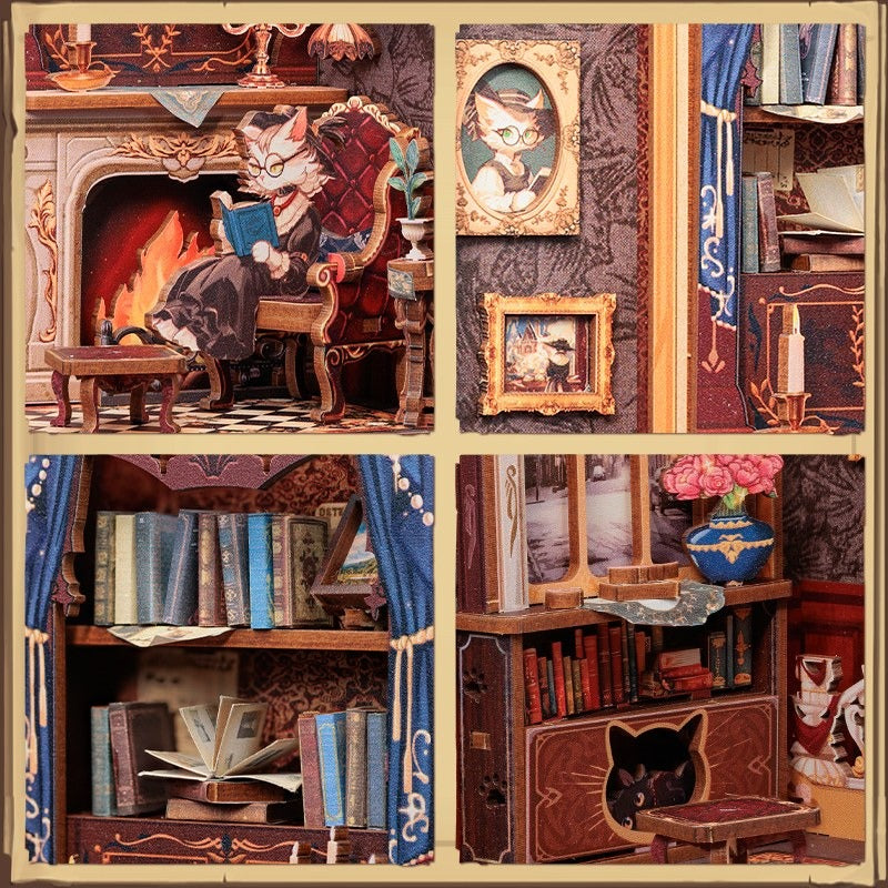 Détails du book nook chat : cheminée, chat lecteur, rayonnages et portrait