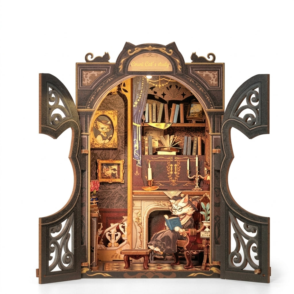 Book nook chat cabinet de lecture en bois, portes ouvertes, sur fond blanc