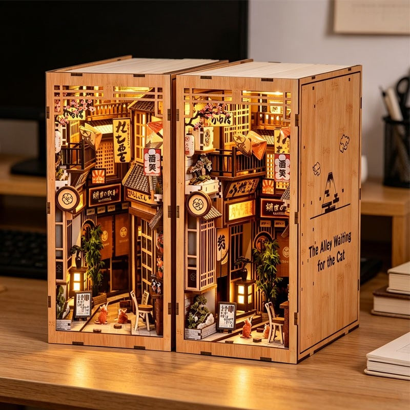 Book nook ruelle japonaise éclairé, vu de face et de côté, sur un bureau