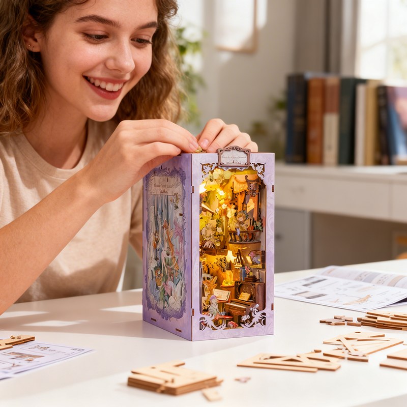 Montage du book nook concert des fées sur une table, pièces de bois prédécoupées