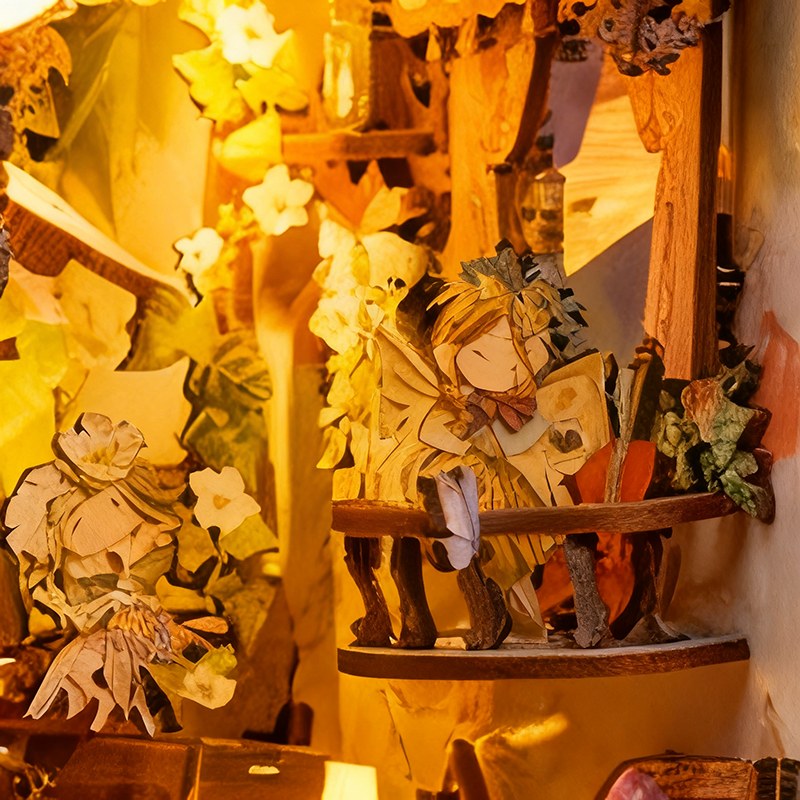 Gros plan d'une fée musicienne entourée de fleurs dans le book nook