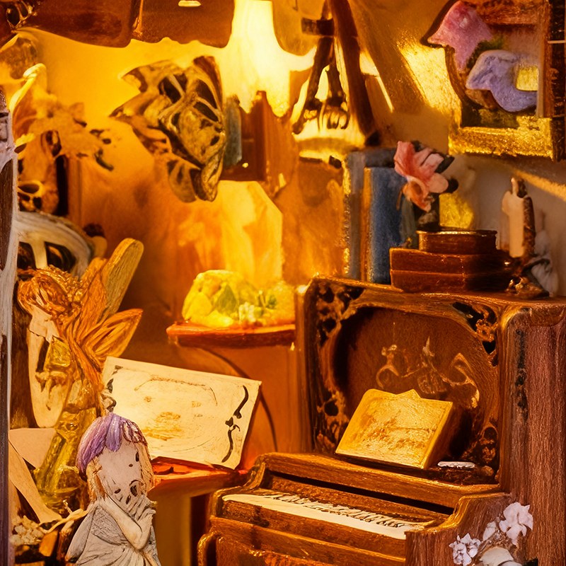 Gros plan du book nook concert des fées : piano et petite musicienne