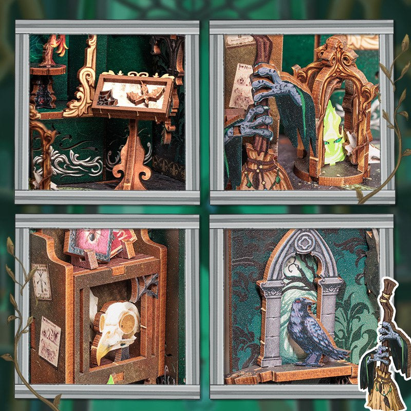 Détails du book nook herboristerie : pupitre, lanterne à flamme verte, crâne d'oiseau et corbeau