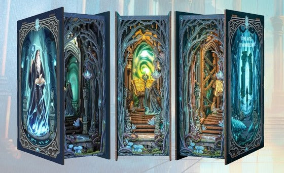 Plusieurs vues du book nook portail des merveilles monté et éclairé