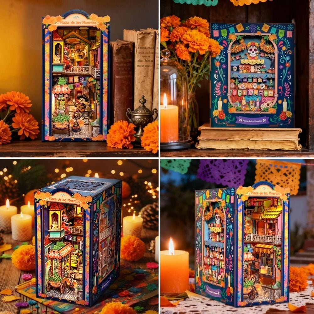 Book nook fête des morts mexicaine dans quatre décors aux bougies et fleurs orange