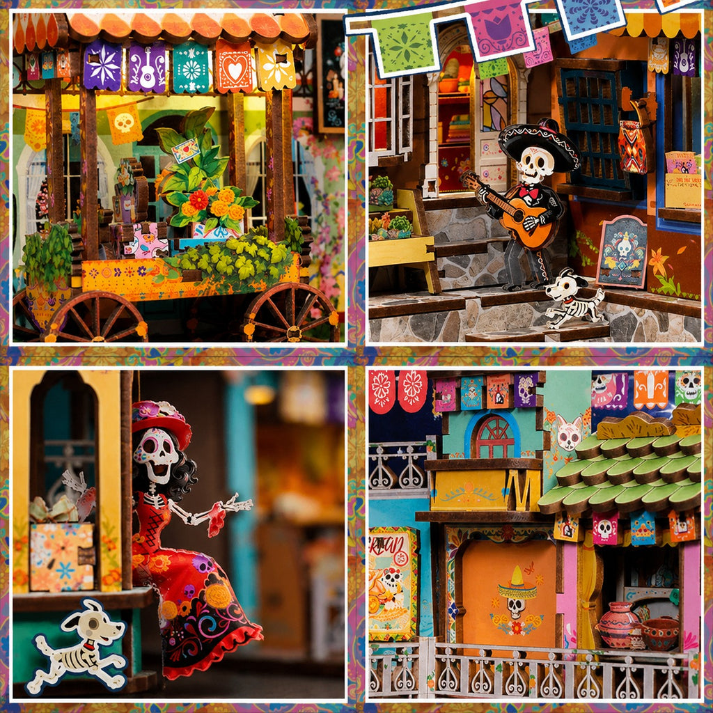 Détails du book nook fête des morts mexicaine : charrette fleurie, guitariste squelette et balcon