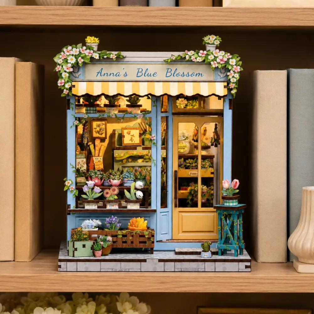 Book nook fleuriste éclairé dans une bibliothèque