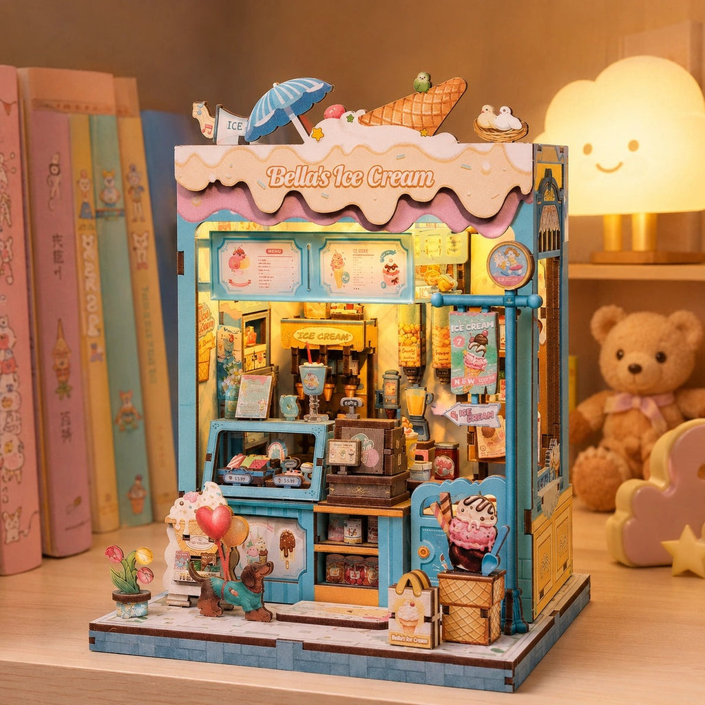 Book nook glacier pastel éclairé sur une étagère de chambre