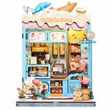Book nook glacier pastel en bois, vue de face sur fond blanc
