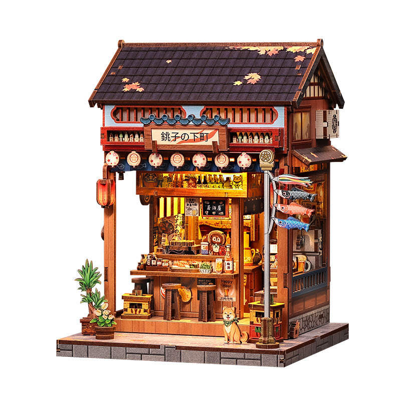Book nook izakaya de quartier, vue de trois quarts sur fond blanc