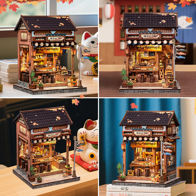 Book nook izakaya japonais dans quatre mises en scène, avec un chat porte-bonheur
