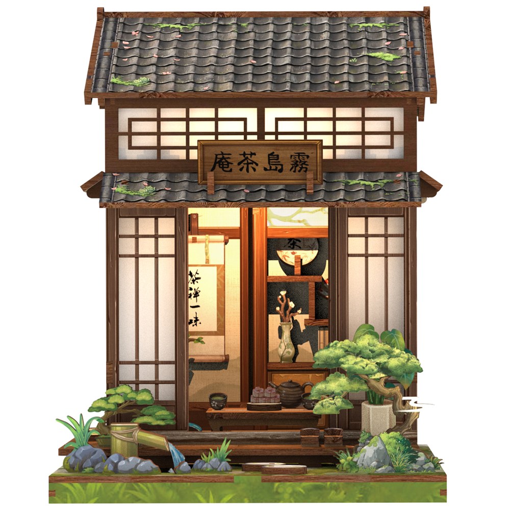 Book nook japonais maison de thé et jardin zen, vue de face sur fond blanc
