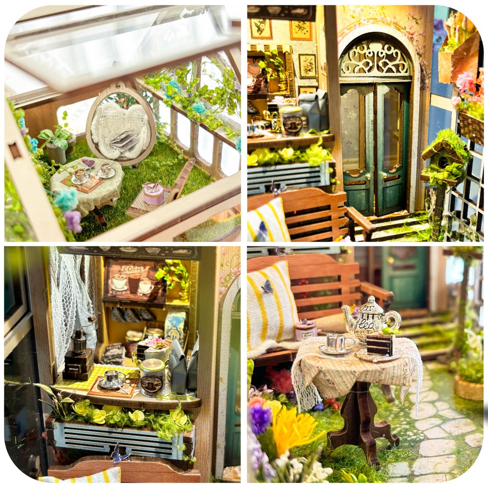 Détails du book nook jardin secret : balancelle, porte verte, salon de jardin