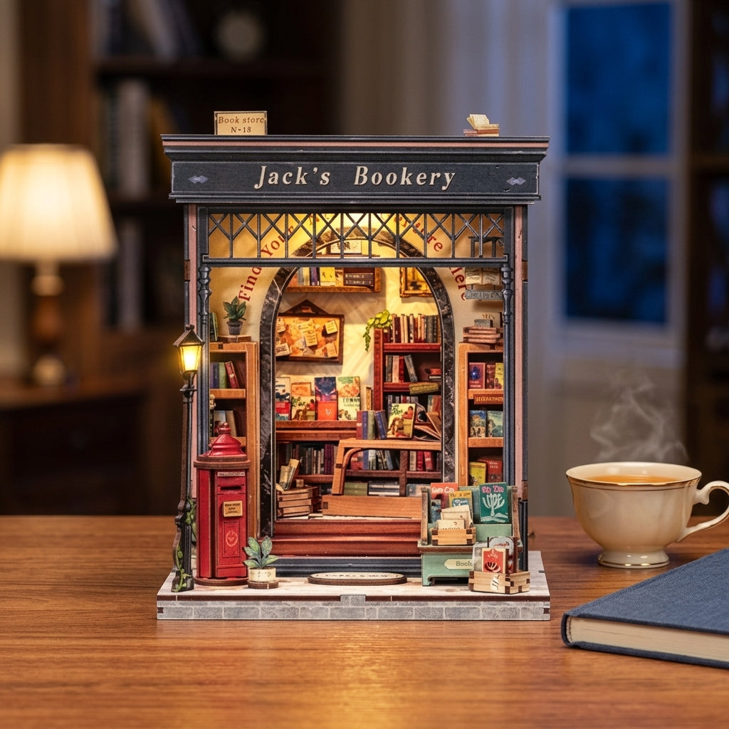 Book nook librairie à façade rose éclairé sur un bureau, à côté d'une tasse de thé