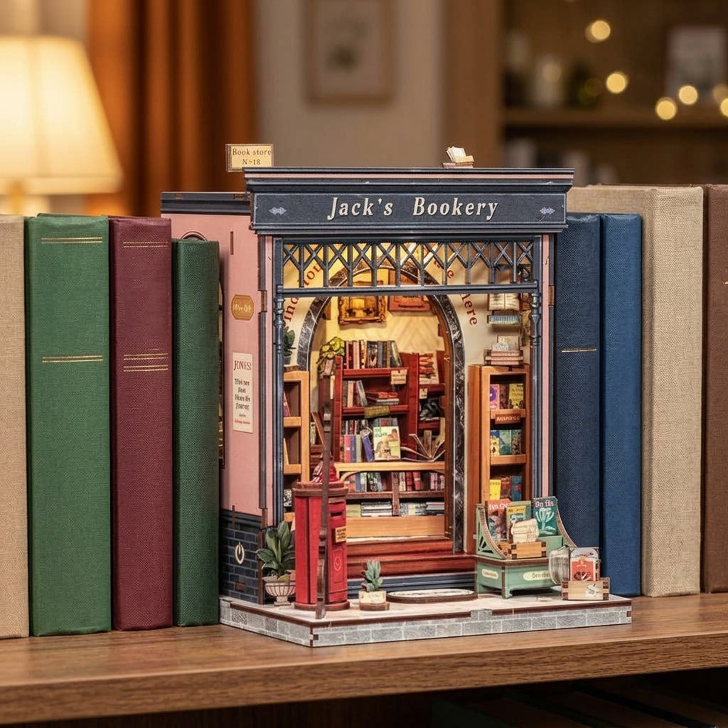Book nook librairie à façade rose rangé entre des livres sur une étagère