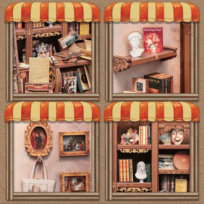 Gros plans du book nook librairie de théâtre : masques, buste, tableaux et livres