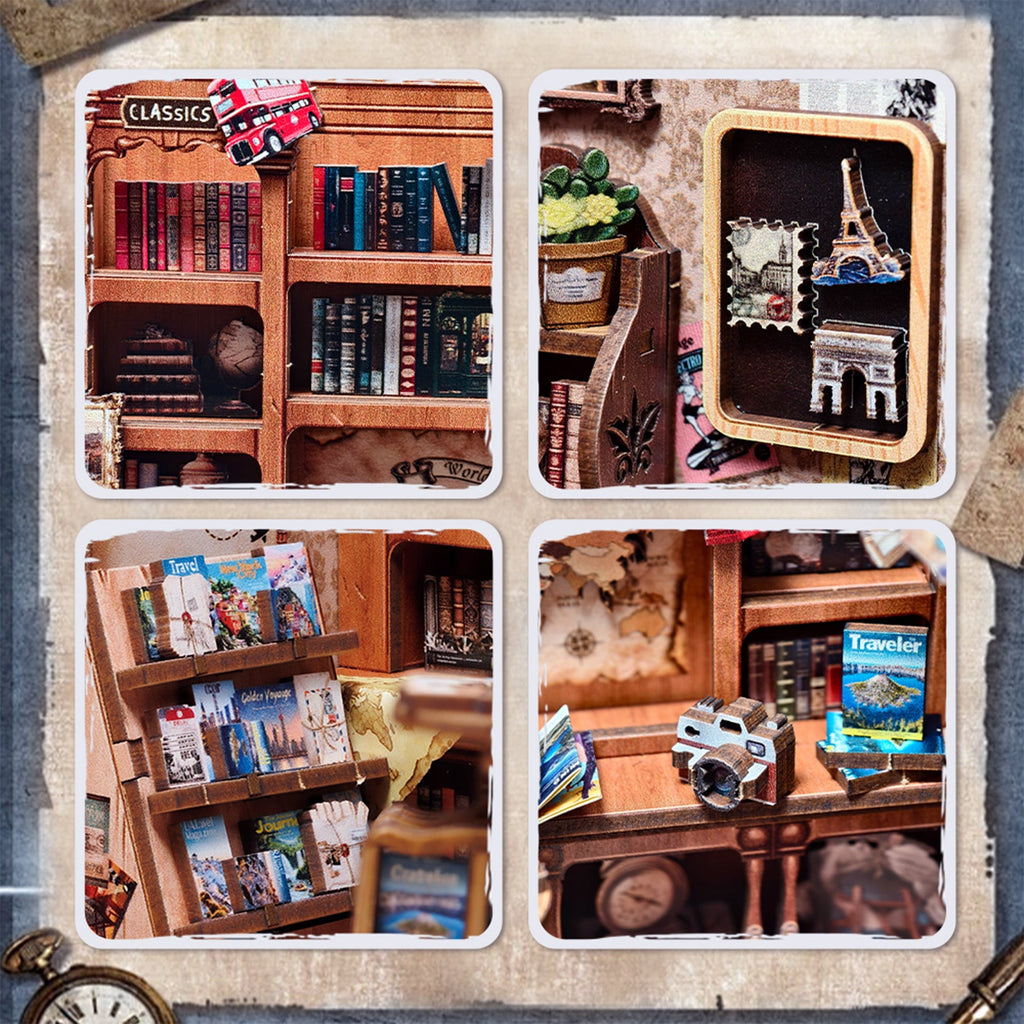 Détails du book nook librairie du voyage : bibliothèque de classiques, cadre de timbres et guides
