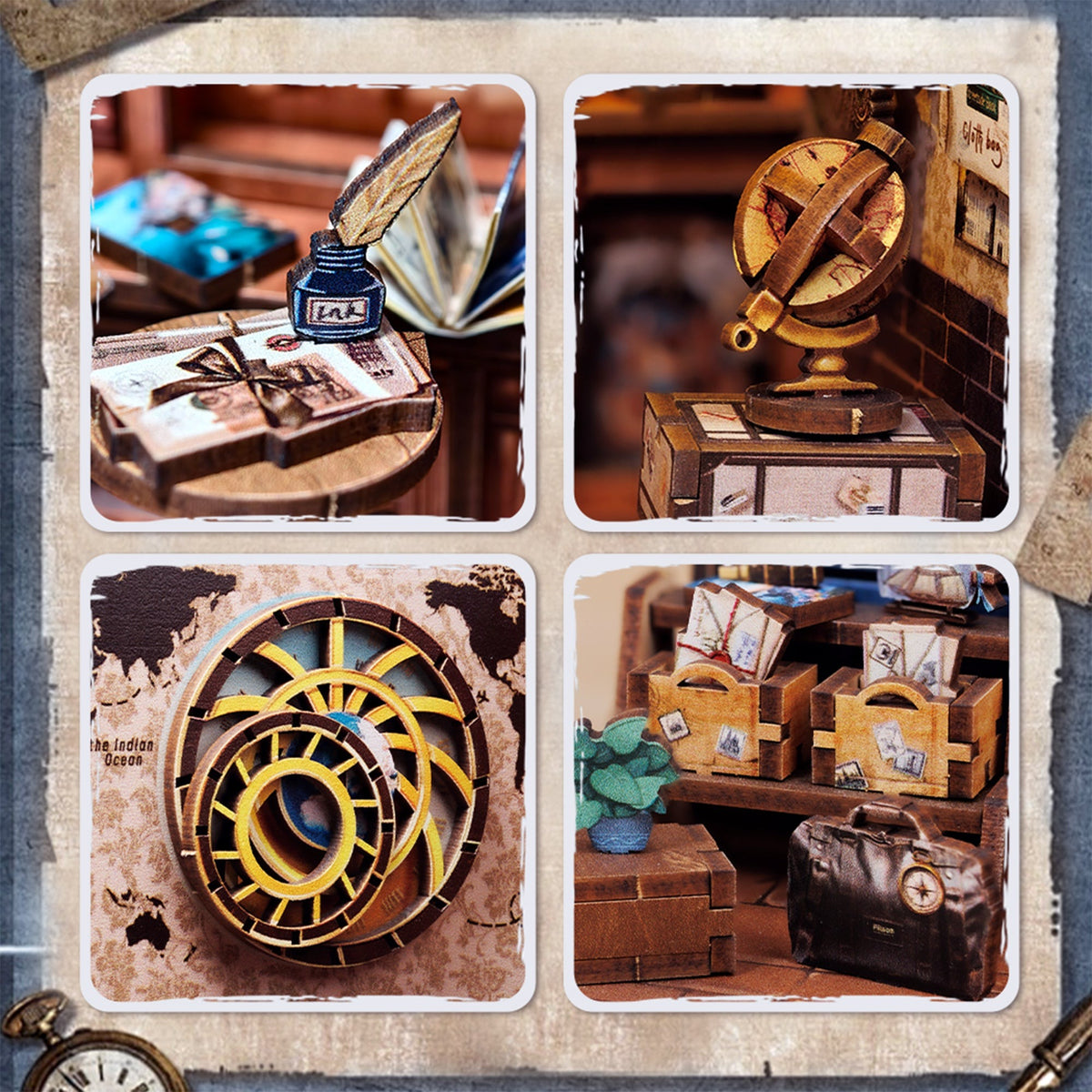Miniatures du book nook librairie du voyage : encrier, sphère armillaire, valise et caisses de lettres