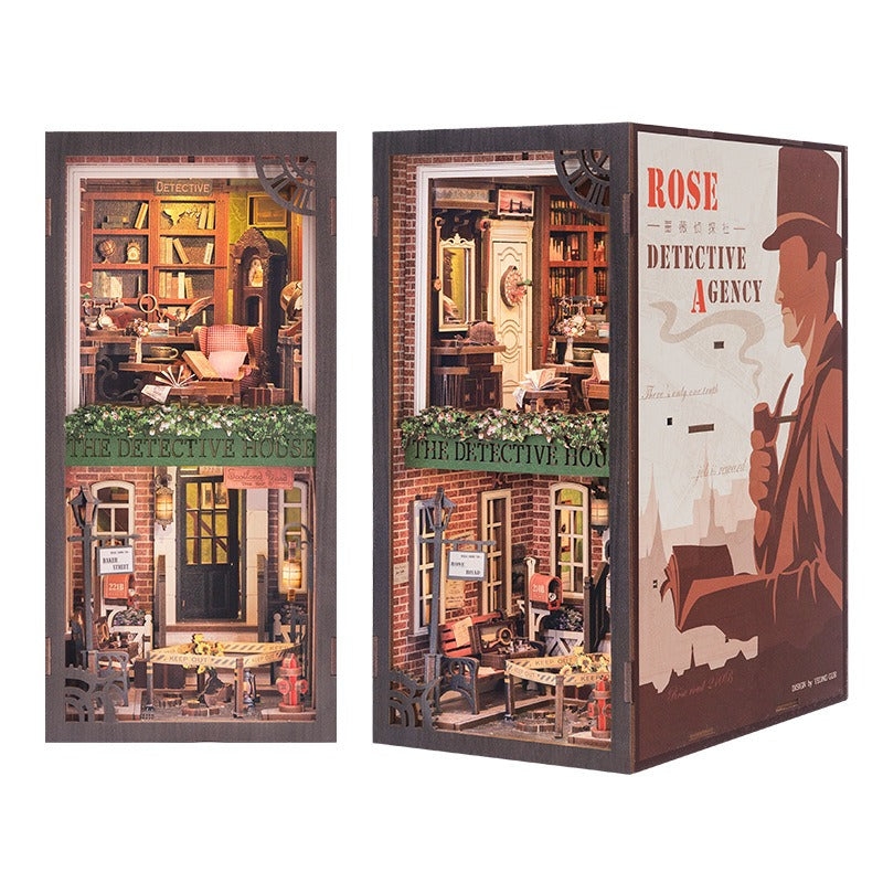 Book nook agence de détective, façade et côté illustré d'un détective à la pipe