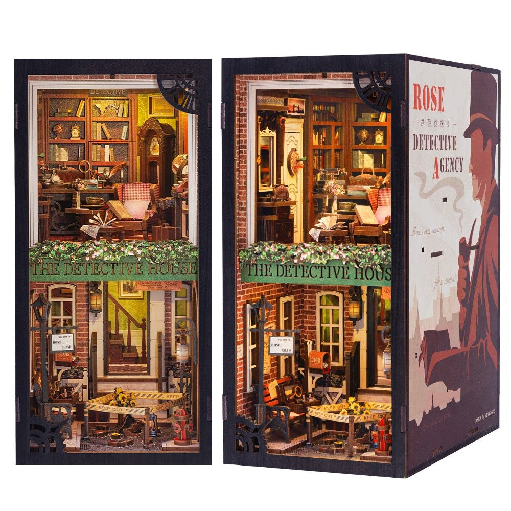 Book nook Londres agence de détective en bois, deux vues sur fond blanc
