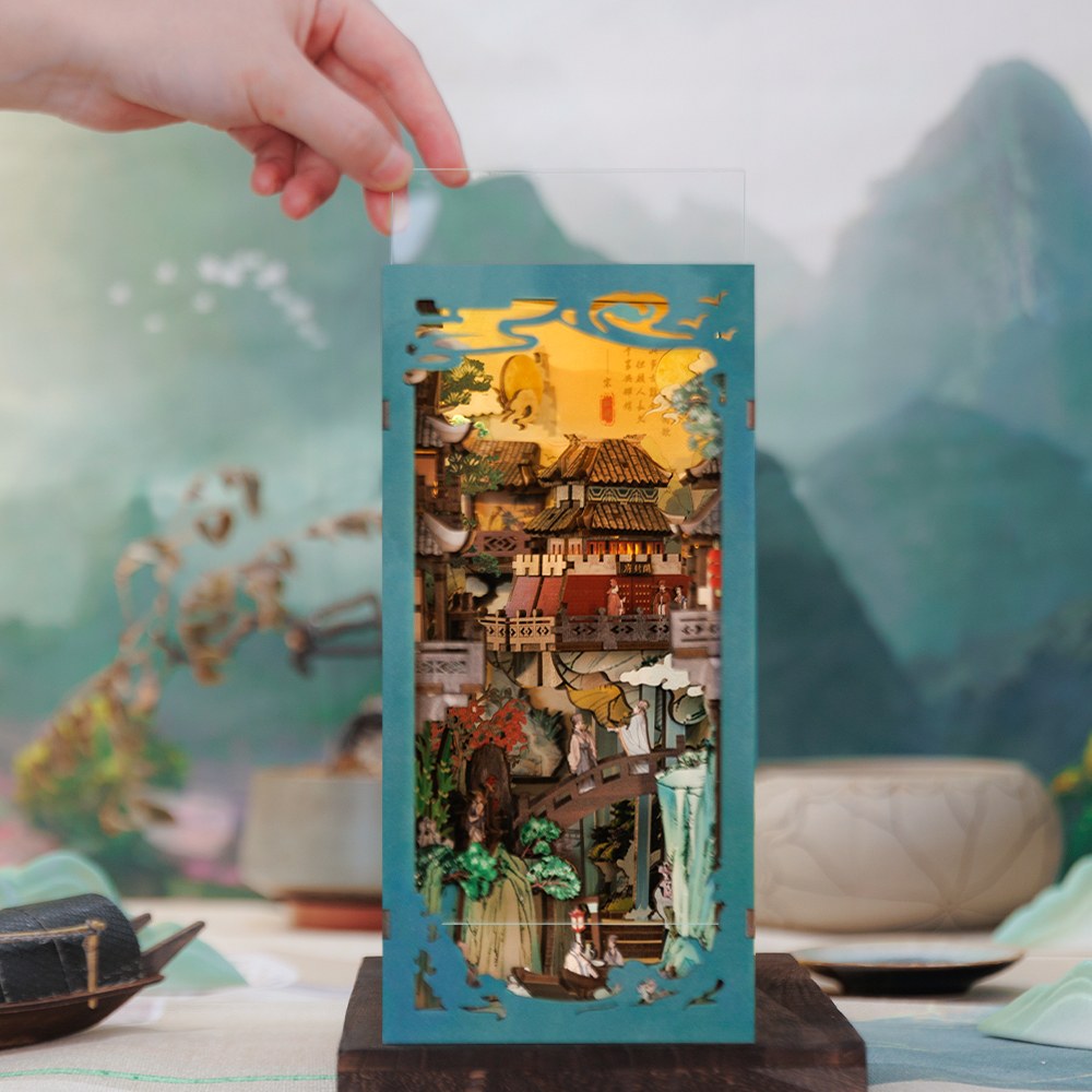 Couvercle transparent anti-poussière du book nook poète de la Chine ancienne