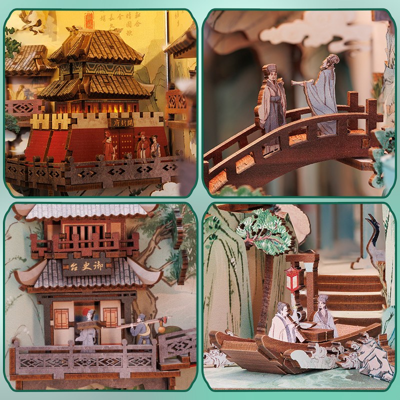 Détails du book nook poète de la Chine ancienne : pavillons, pont, barque