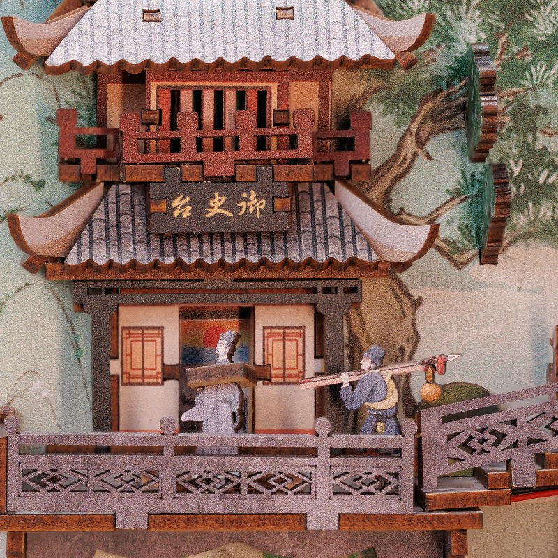 Pavillon à balustrade et personnages du book nook poète de la Chine ancienne