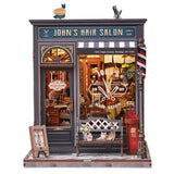 Book nook salon de coiffure en bois, vue de face sur fond blanc