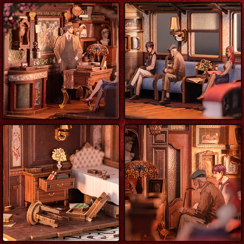 Détails du book nook wagon de train mystère : salon, banquettes et personnages