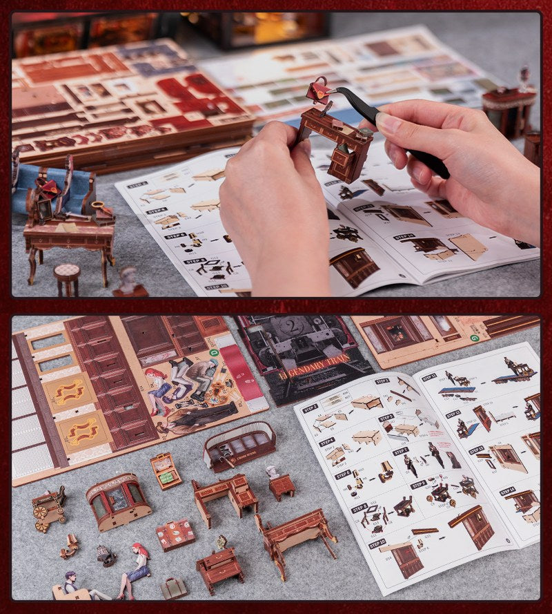 Pièces et notice du kit book nook wagon de train mystère en cours de montage