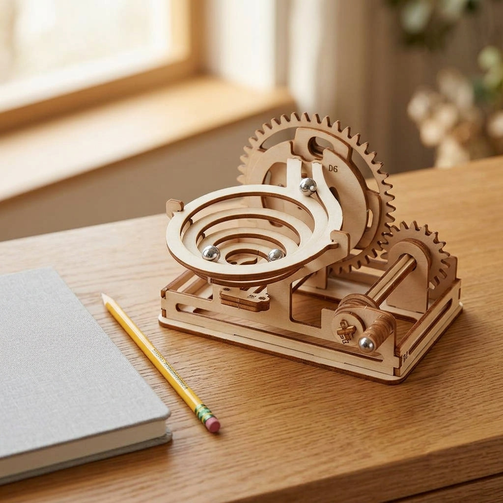 Circuit à billes en bois en spirale posé sur un bureau à côté d'un carnet