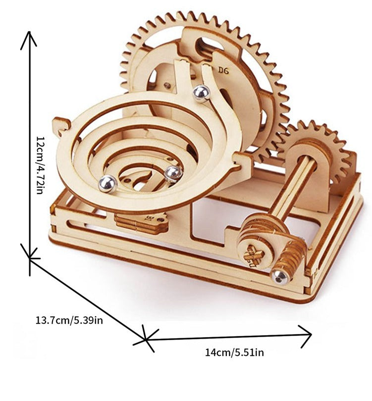 Dimensions du circuit à billes en bois en spirale : 14 × 13,7 × 12 cm