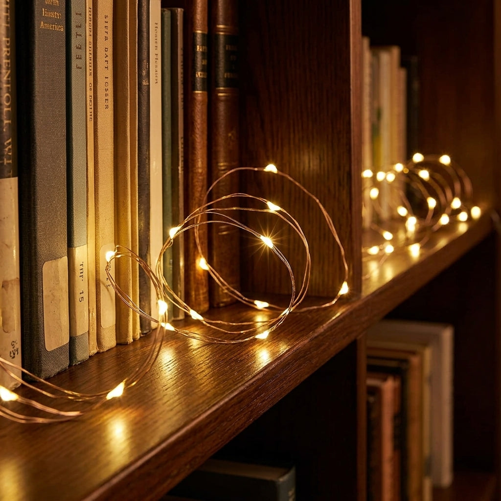 Guirlande lumineuse posée le long d'une étagère de livres (mise en scène)