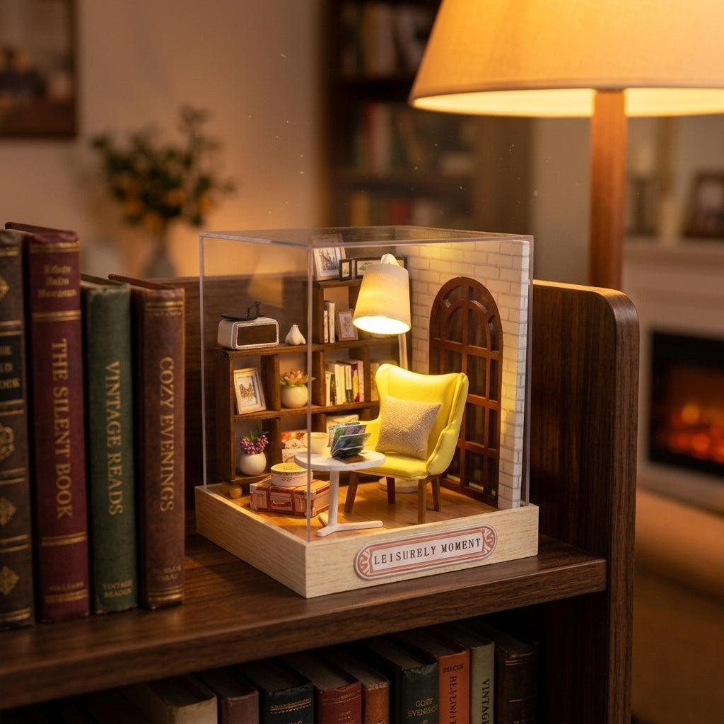 Maison miniature coin lecture au fauteuil jaune posée sur une étagère entre des livres