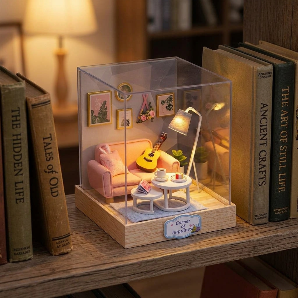 Maison miniature salon à la guitare posée sur une étagère entre des livres