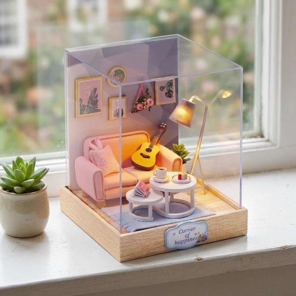 Maison miniature salon à la guitare sur un rebord de fenêtre à côté d'une plante