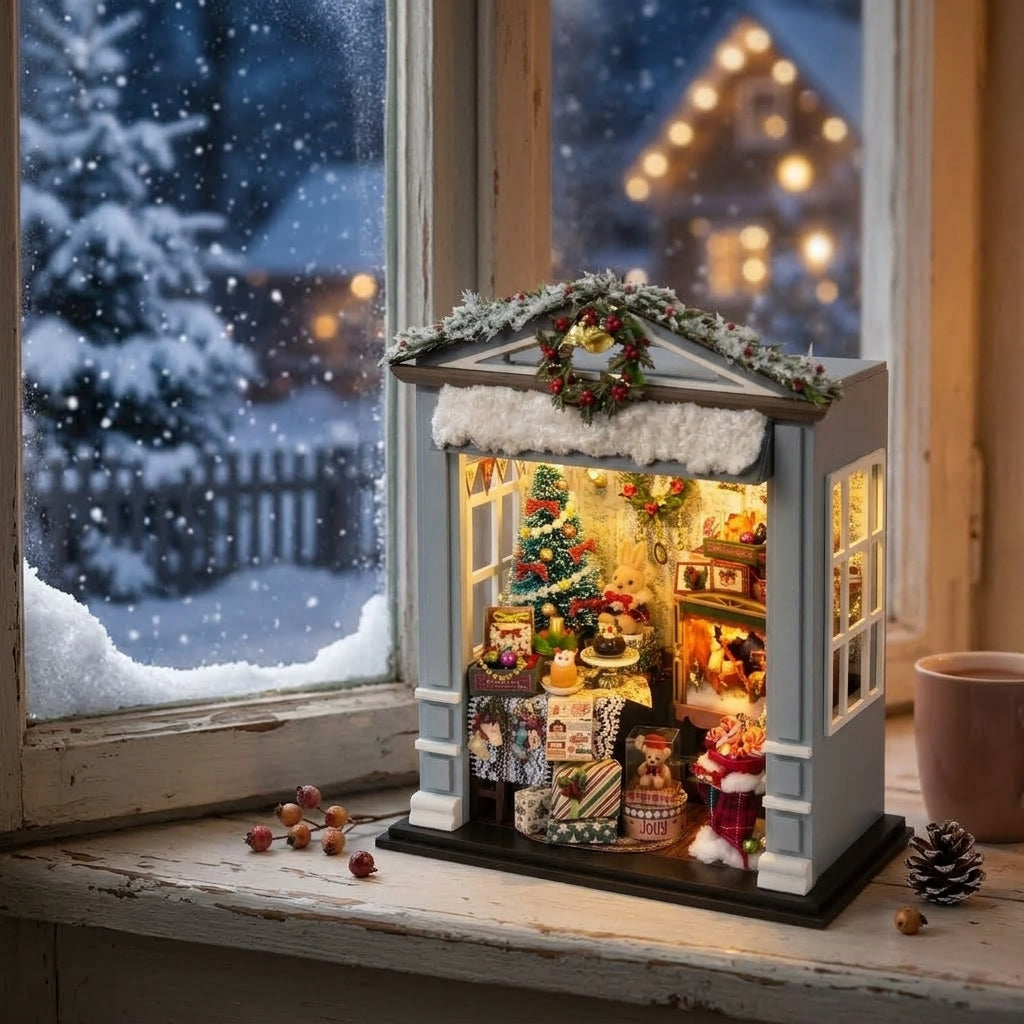 Maison miniature salon de Noël sur un rebord de fenêtre, neige dehors