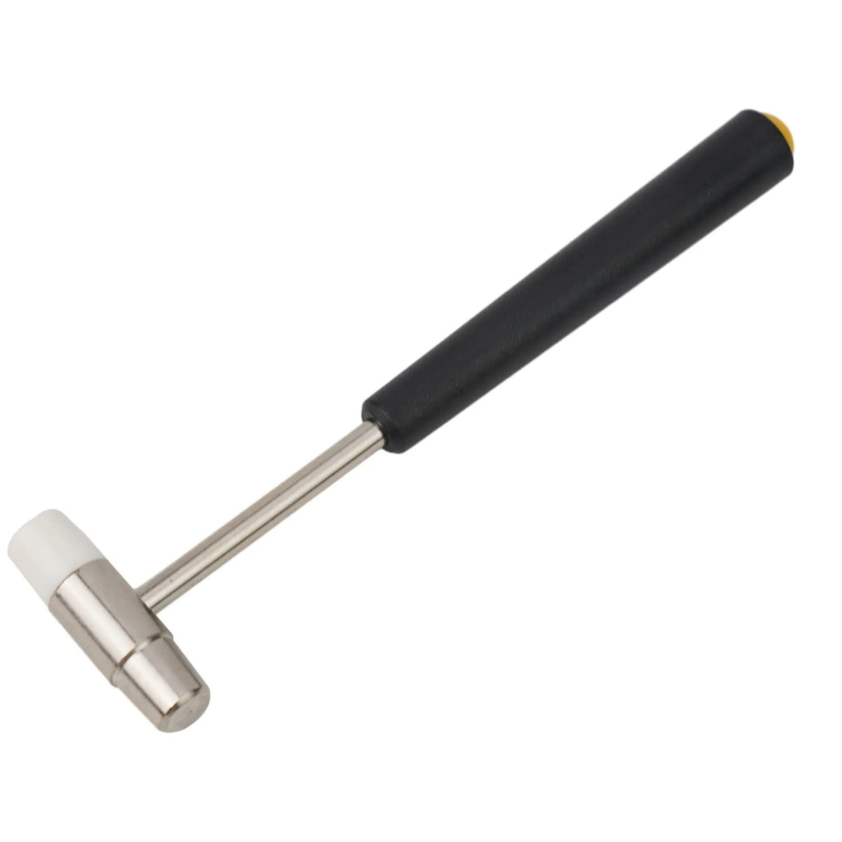 Marteau de précision double tête métal et plastique blanc, manche noir gainé, vu de trois quarts sur fond blanc