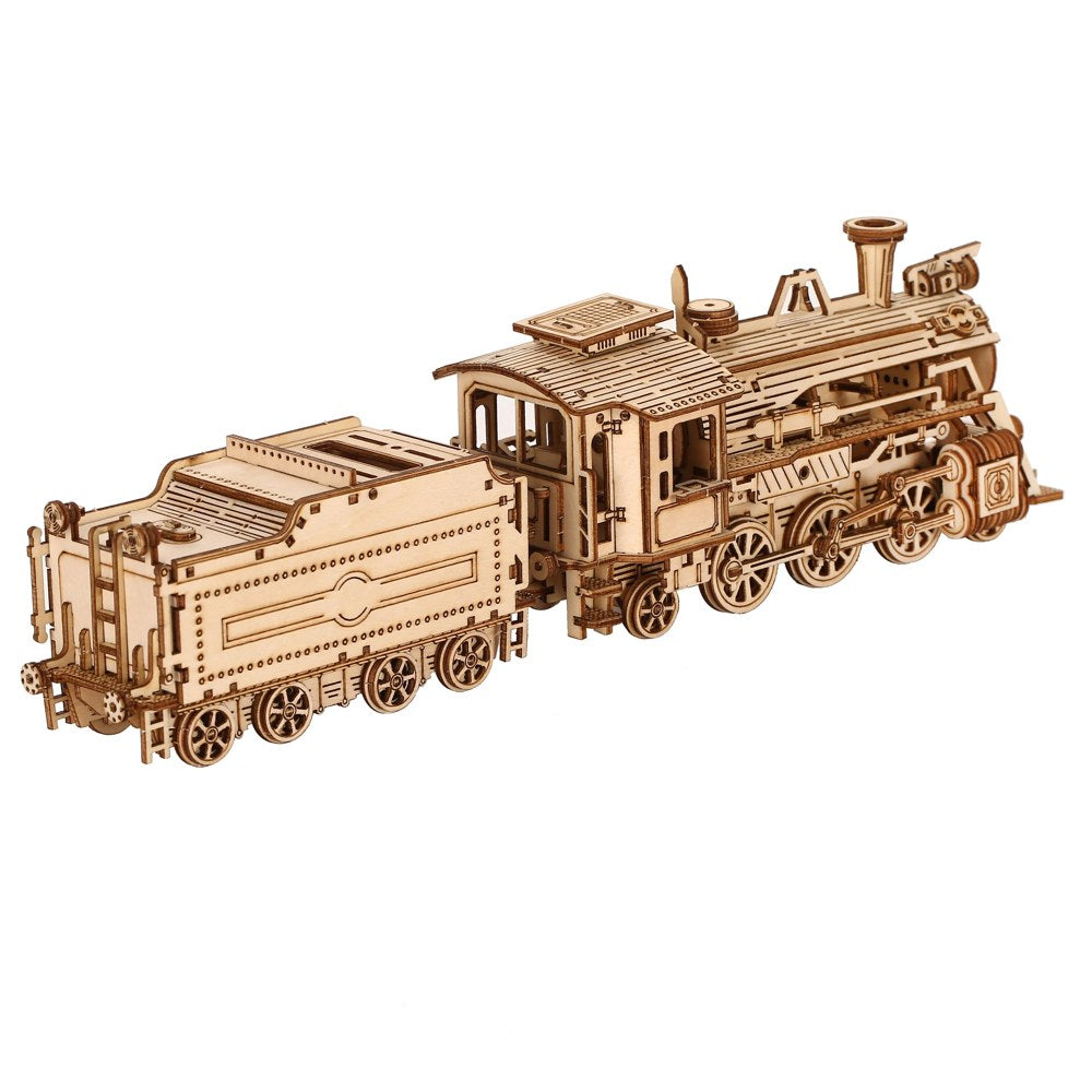 Locomotive à vapeur en bois vue de l'arrière, tender au premier plan