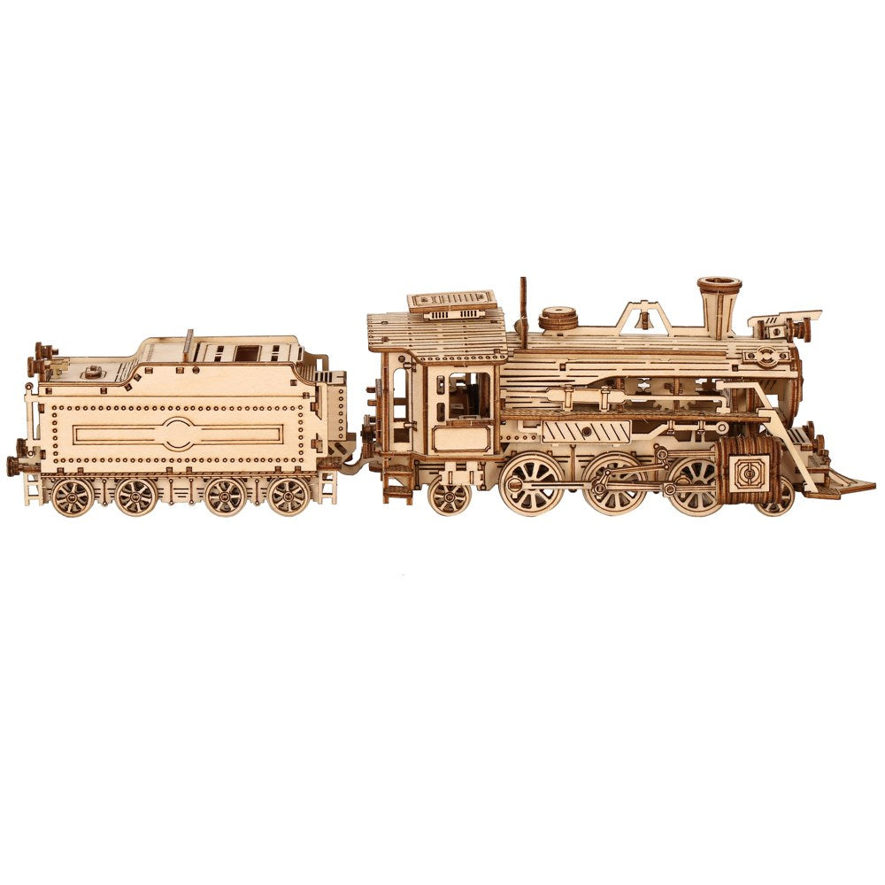 Locomotive à vapeur en bois et son tender vus de profil